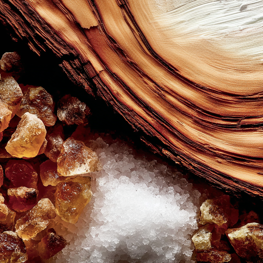 Close-up of cedarwood and salt on a wooden surface