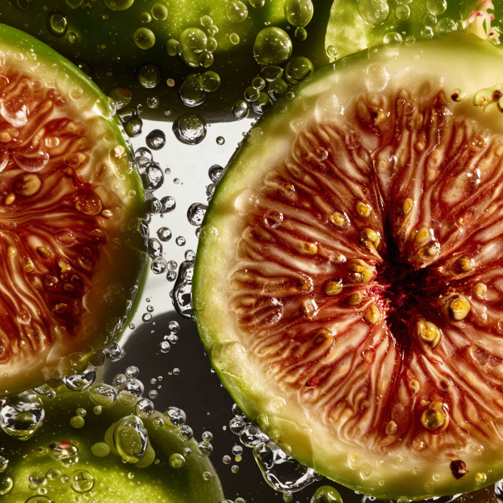 Close-up of sliced figs with water droplets on a reflective surface