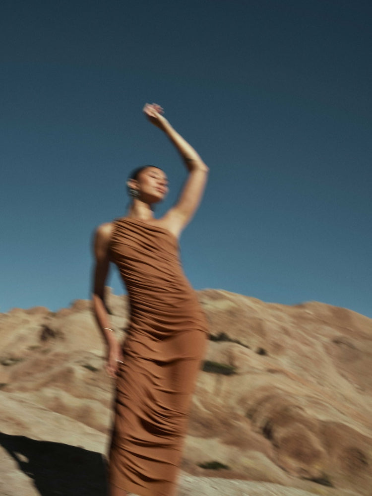 Woman in a brown dress standing against a clear blue sky with desert landscape