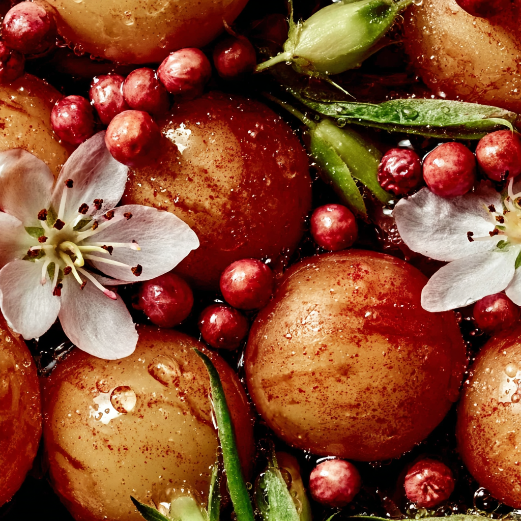 Close-up of apples with flowers and pink pepper