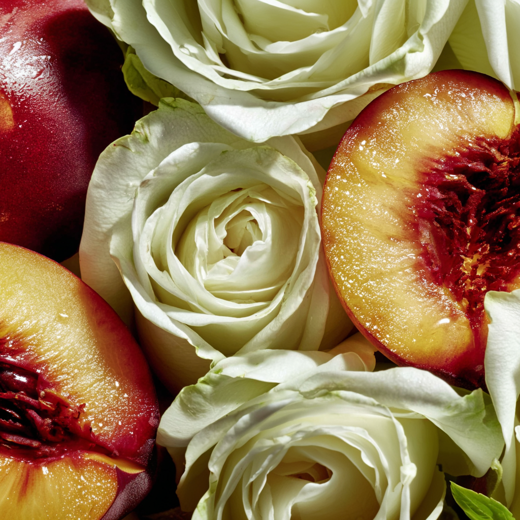 Close-up of white roses and sliced peaches