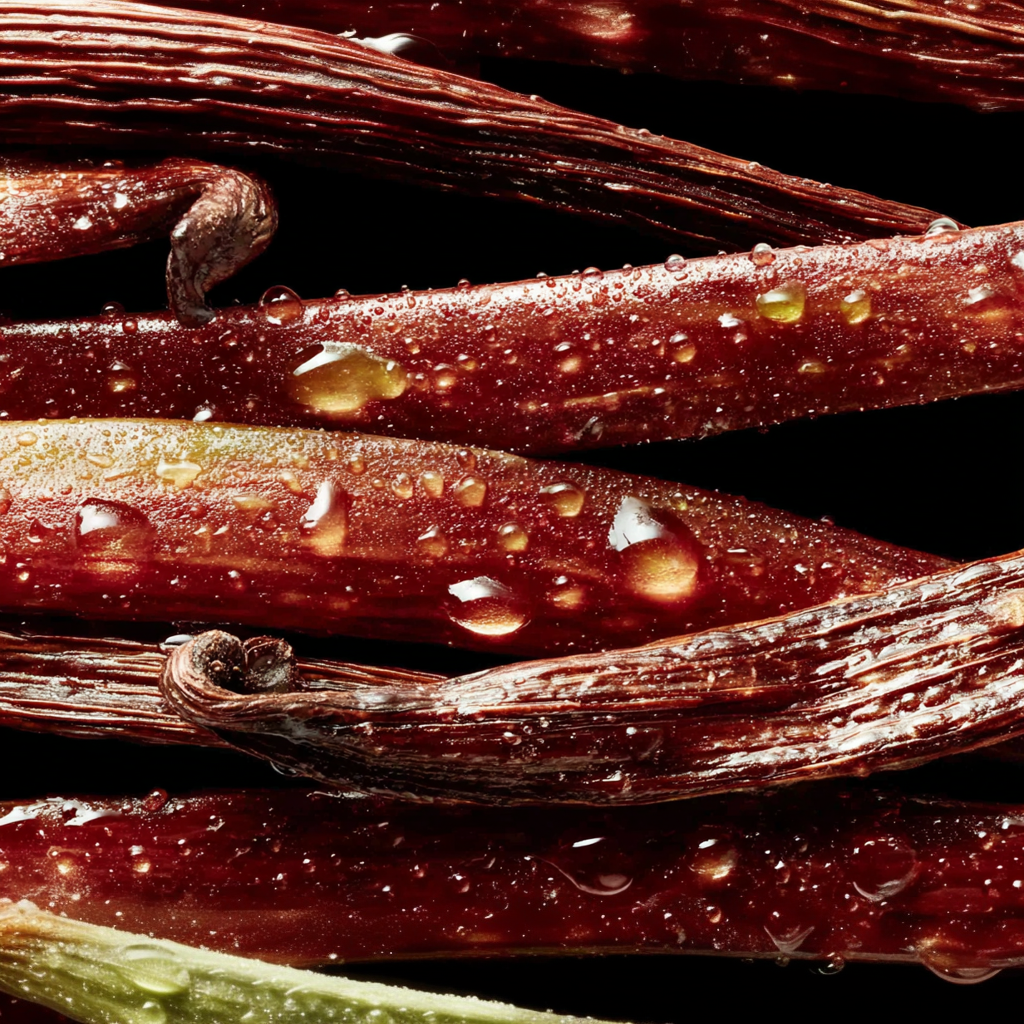 Close-up of vanilla beans with water droplets on a dark background